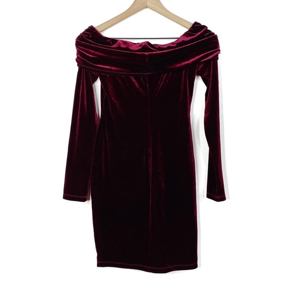 Bardot Merlot Red Velvet Off Shoulder Mini Dress - Picture 4 of 8